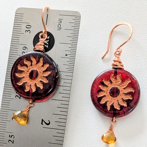 Celestial Sun Earrings Artisan Crafted Copper Wrap Congnac Citrine Drops - Picture 4 of 16